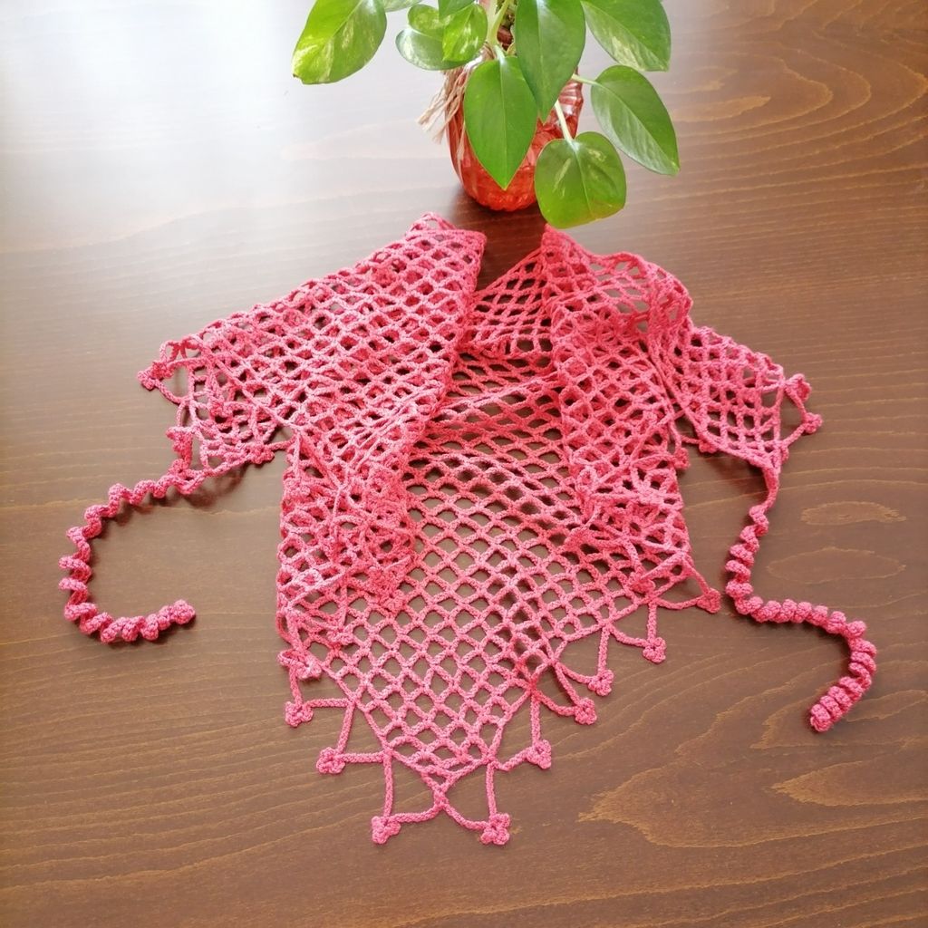 مشخصات باندانا، دستمال سر، مینی اسکارف قلاب بافی صورتی قواره 60، کد 0602