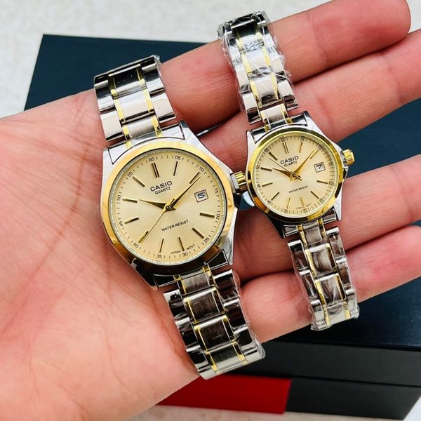 ست ساعت کاسیو بند استیل دو رنگ صفحه طلایی