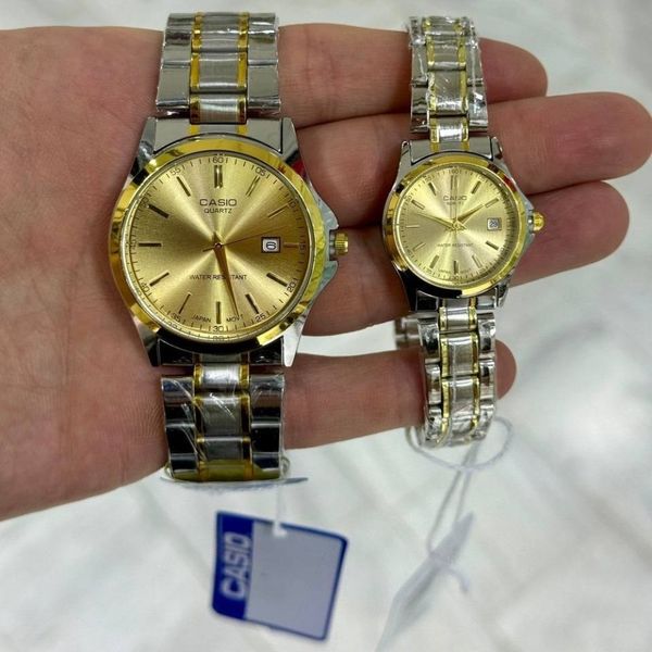 ست ساعت کاسیو بند استیل دو رنگ صفحه طلایی
