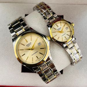 ست ساعت کاسیو بند استیل دو رنگ صفحه طلایی