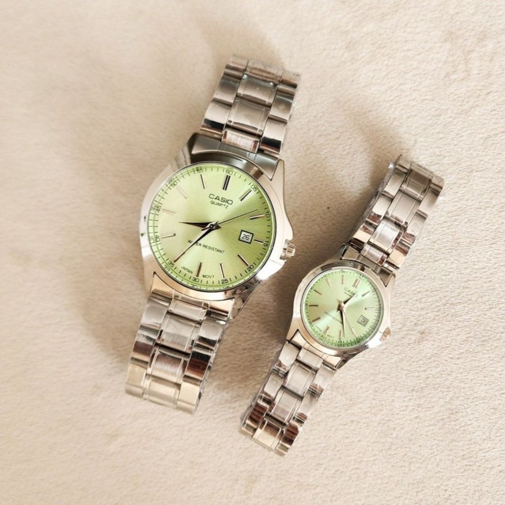 مشخصات ست ساعت کاسیو بند استیل صفحه سبز پسته ای