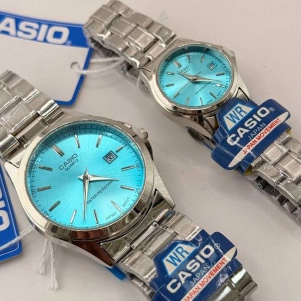 ست ساعت کاسیو بند استیل صفحه آبی فیروزه ای