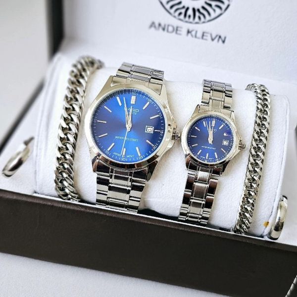 ست ساعت کاسیو بند استیل نقره‌ای صفحه آبی + دستبند زنجیری استیل + حلقه