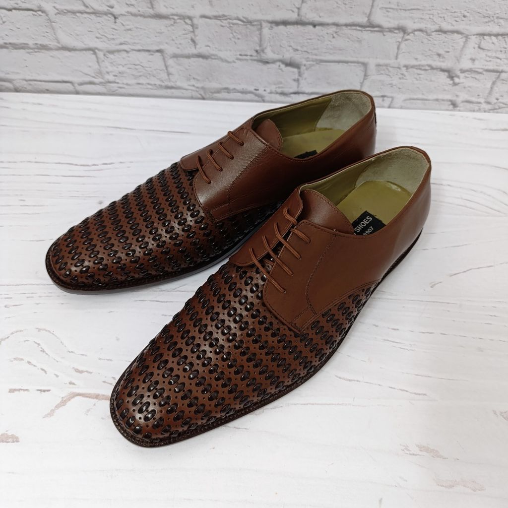 فروش اینترنتی کفش مردانه زیره چرم طبیعی گاومیش مدل تیریشه بندی قهوه ای تک سایز
