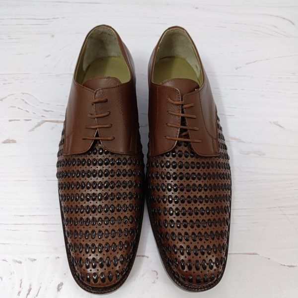کفش مردانه زیره چرم طبیعی گاومیش مدل تیریشه بندی قهوه ای تک سایز