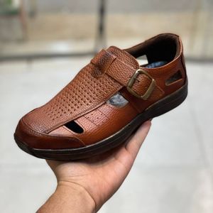 قیمت ارزان صندل چرم مردانه جلو بسته رنگ عسلی