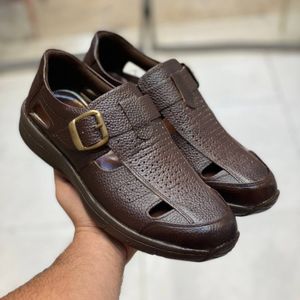 خرید آنلاین صندل چرم مردانه جلو بسته رنگ سوخته