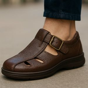 صندل چرم مردانه جلو بسته رنگ سوخته