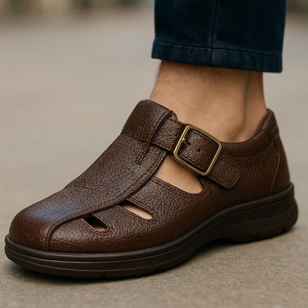 صندل چرم مردانه جلو بسته رنگ سوخته