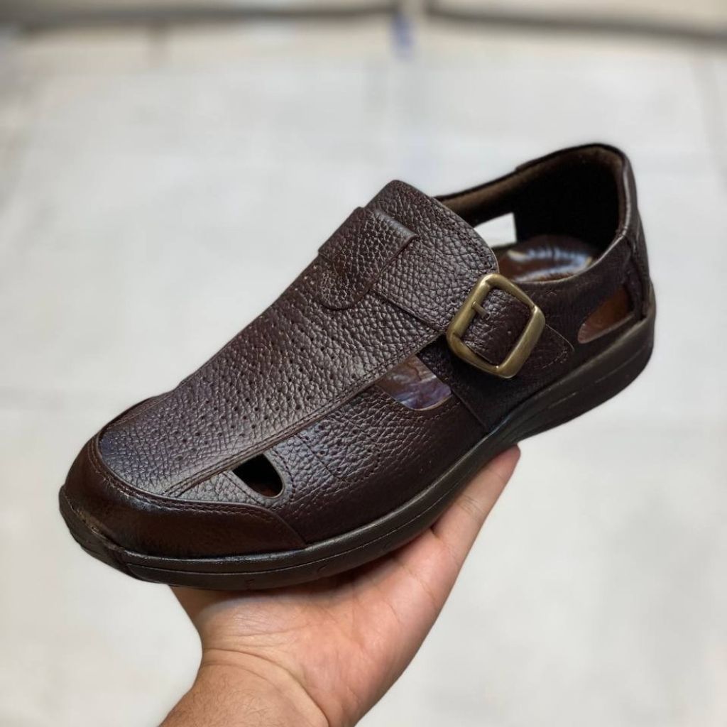 خرید اینترنتی صندل چرم مردانه جلو بسته رنگ سوخته