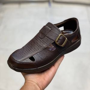 خرید اینترنتی صندل چرم مردانه جلو بسته رنگ سوخته