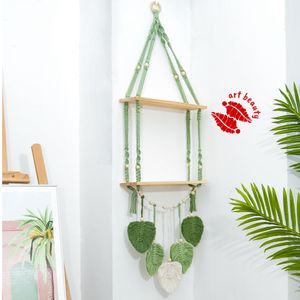 شلف چوبی مکرومه دوطبقه با برگ طرح مهسان