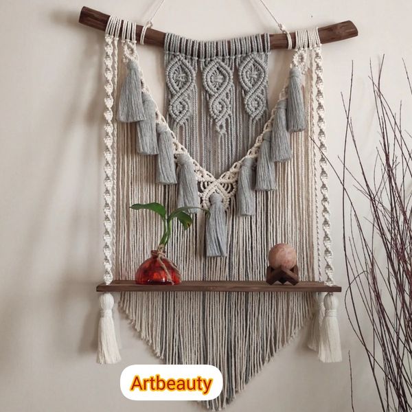 دیوارکوب شلف چوبی مکرومه بافی دکوراتیو طرح دارکوب