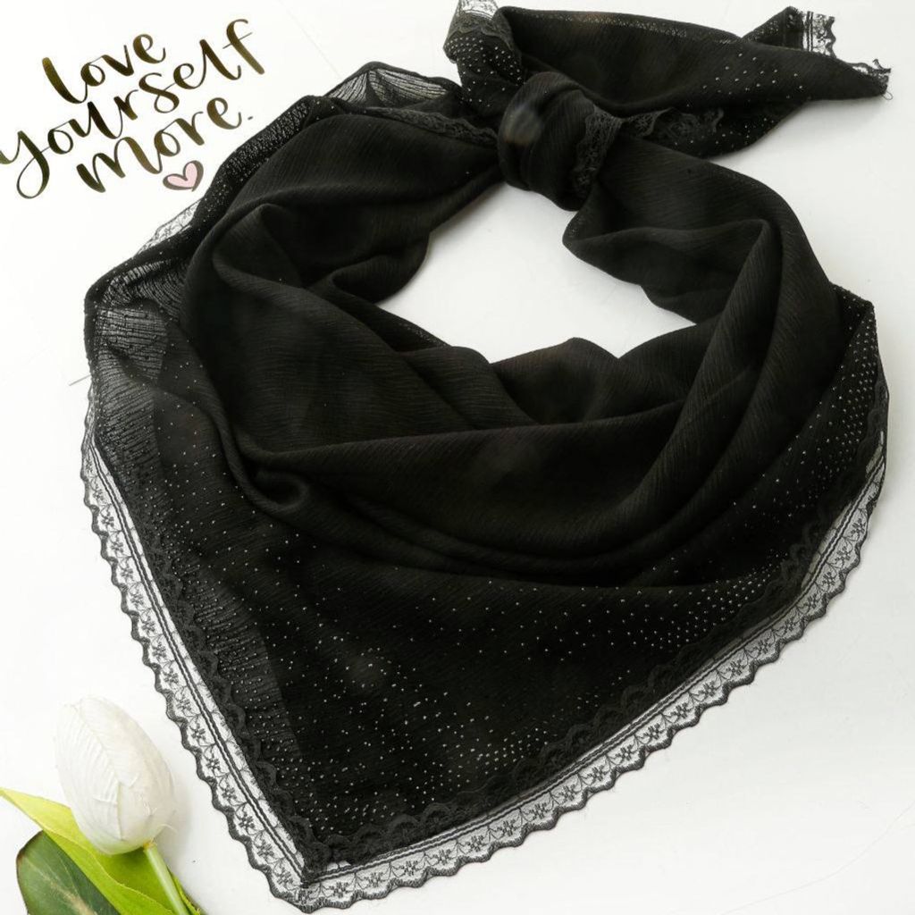 خرید اینترنتی روسری کراش مشکی نگینی حاشیه دانتل دار