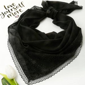 خرید اینترنتی روسری کراش مشکی نگینی حاشیه دانتل دار