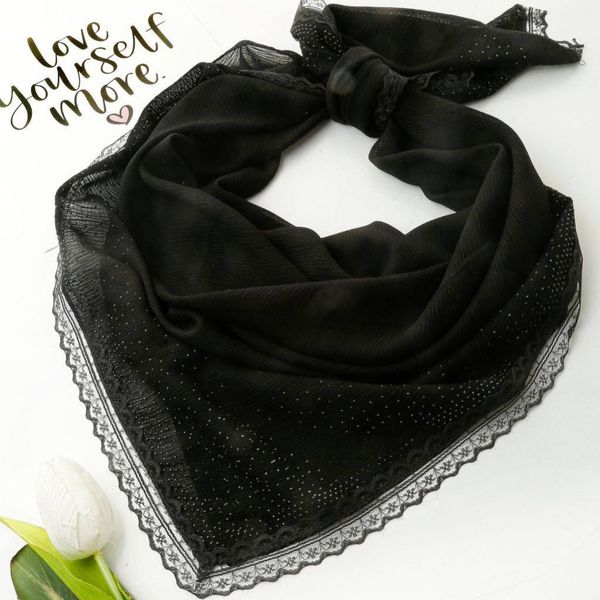 روسری کراش مشکی نگینی حاشیه دانتل دار