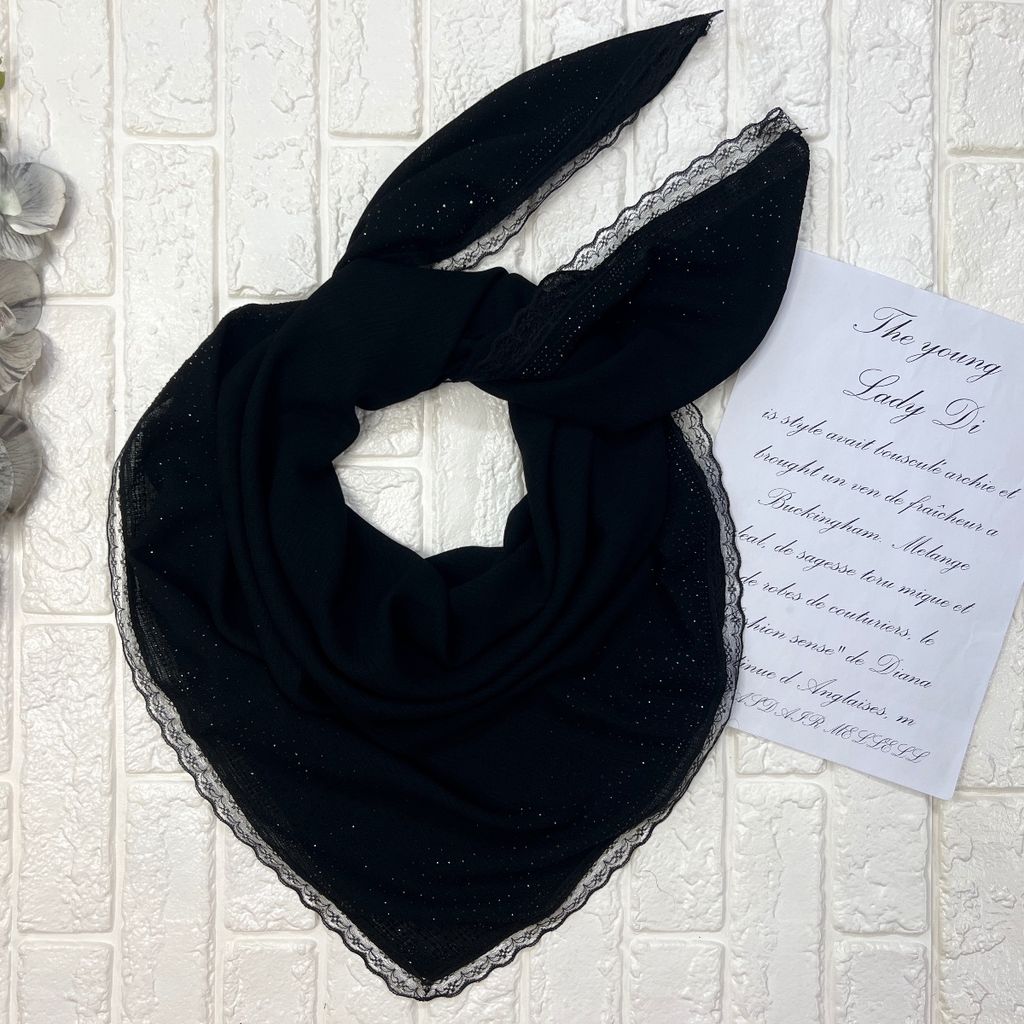 قیمت روسری پلیسه مشکی نگینی حاشیه دانتل دار