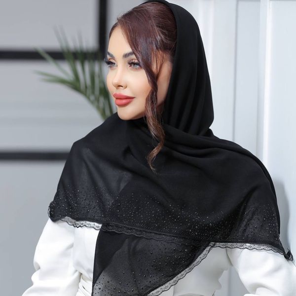 روسری کراش مشکی نگینی حاشیه دانتل دار