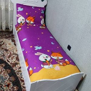 خرید انلاین روتختی یک نفره بچه گانه خرگوش و روباه روتختی یکنفره کشدار پسرانه و دخترانه بنفش زرد خرگوش هویج