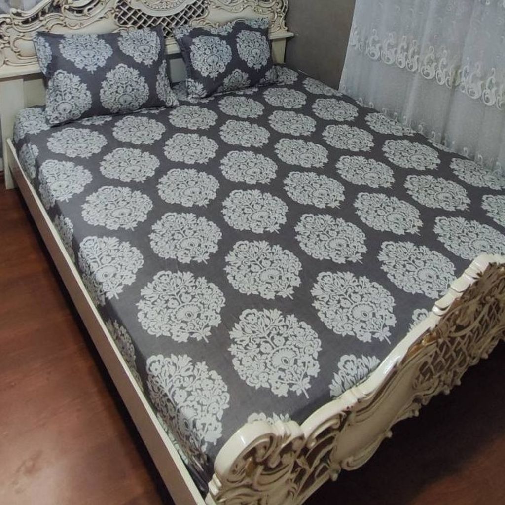 خرید آنلاین روتختی دونفره زمینه طوسی گل کرمی گل شیری