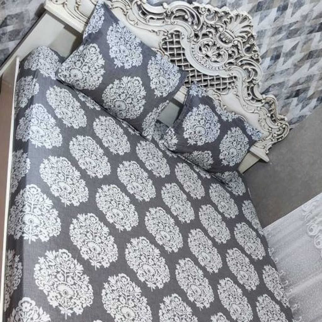 خرید آنلاین روتختی دونفره زمینه طوسی گل کرمی گل شیری