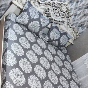 خرید آنلاین روتختی دونفره زمینه طوسی گل کرمی گل شیری