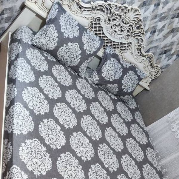 روتختی دونفره زمینه طوسی گل کرمی گل شیری