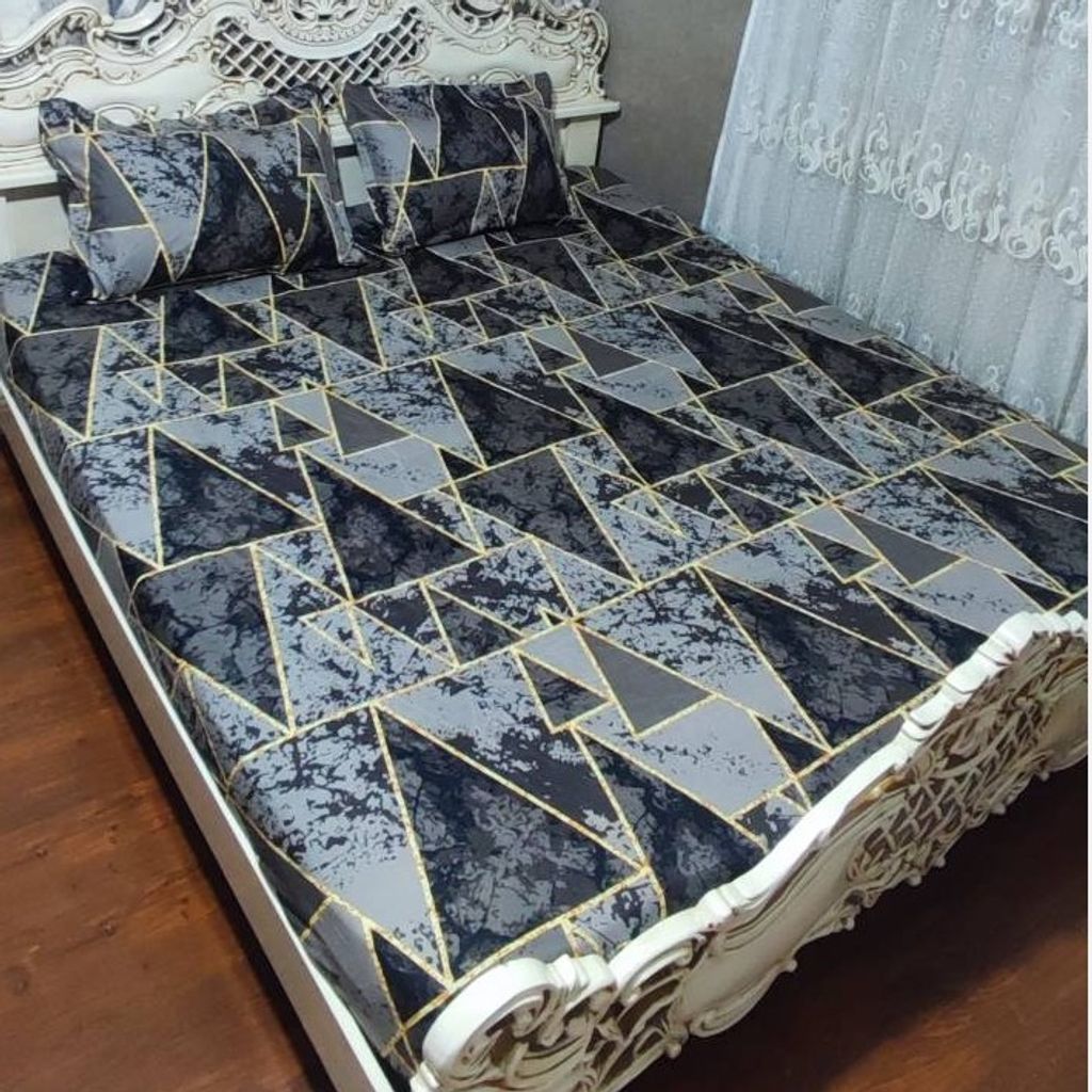 خرید اینترنتی روتختی طوسی  قهوه ای دونفره روکش تشک خط طلایی زرد