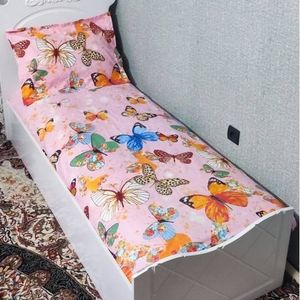 فروش اینترنتی روتختی یکنفره زمینه صورتی پروانه روکش تشک پروانه روبالش پروانه