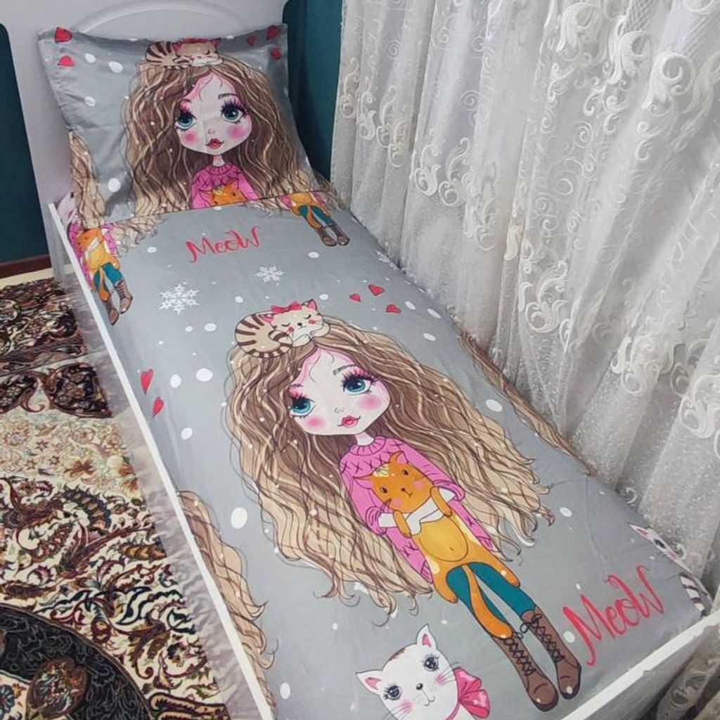 خرید آنلاین روتختی یک نفره دخترانه طوسی عروسکی مو فر فری توسی