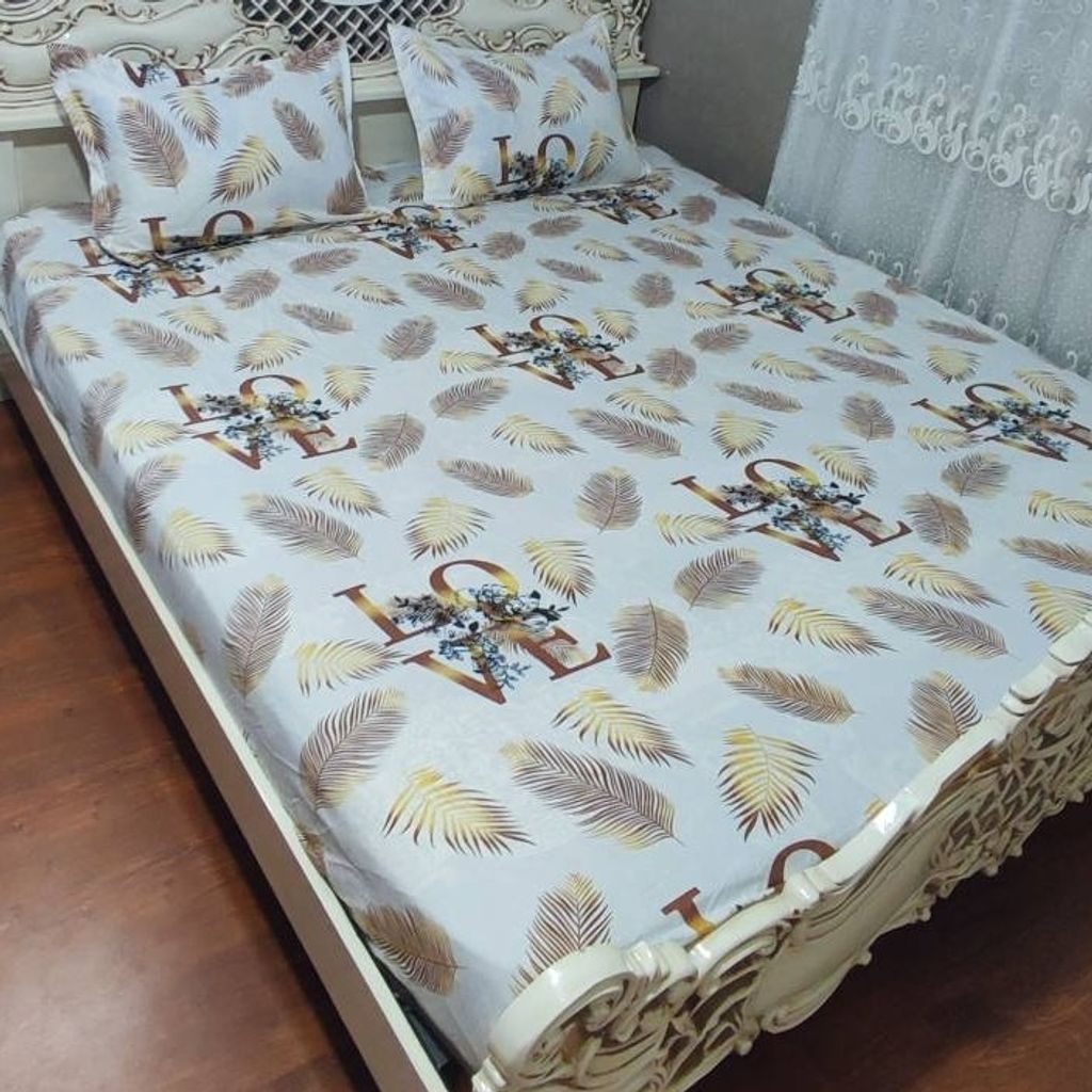 قیمت ارزان روتختی دور کش دونفره نفره کرم سفید روتختی دونفره نسکافه ای برگ