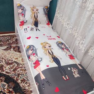 خرید آنلاین روتختی کشدار دخترانه سفید زغال سنگی عروسک دار دِ بست 