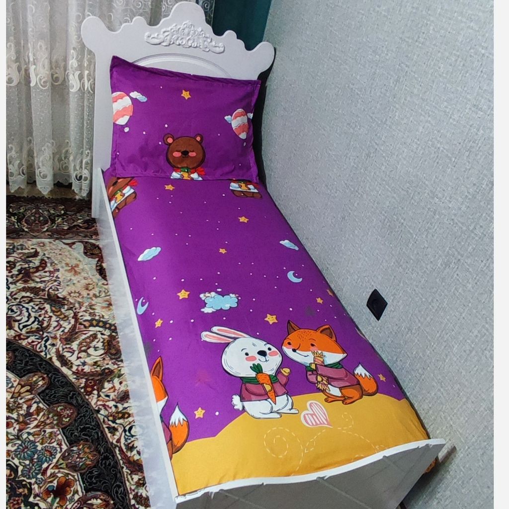 مشخصات نیم ست روتختی دورکش و روبالش طرح روباه و خرگوش فانتزی زمینه بنفش