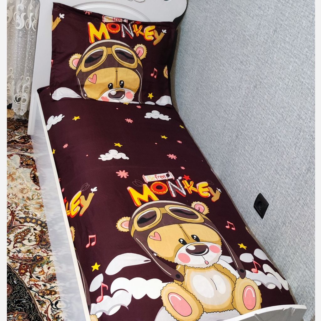 قیمت ارزان روتختی نیم ست ملحفه و روبالش طرح خرس خلبان زمینه قهوه ای