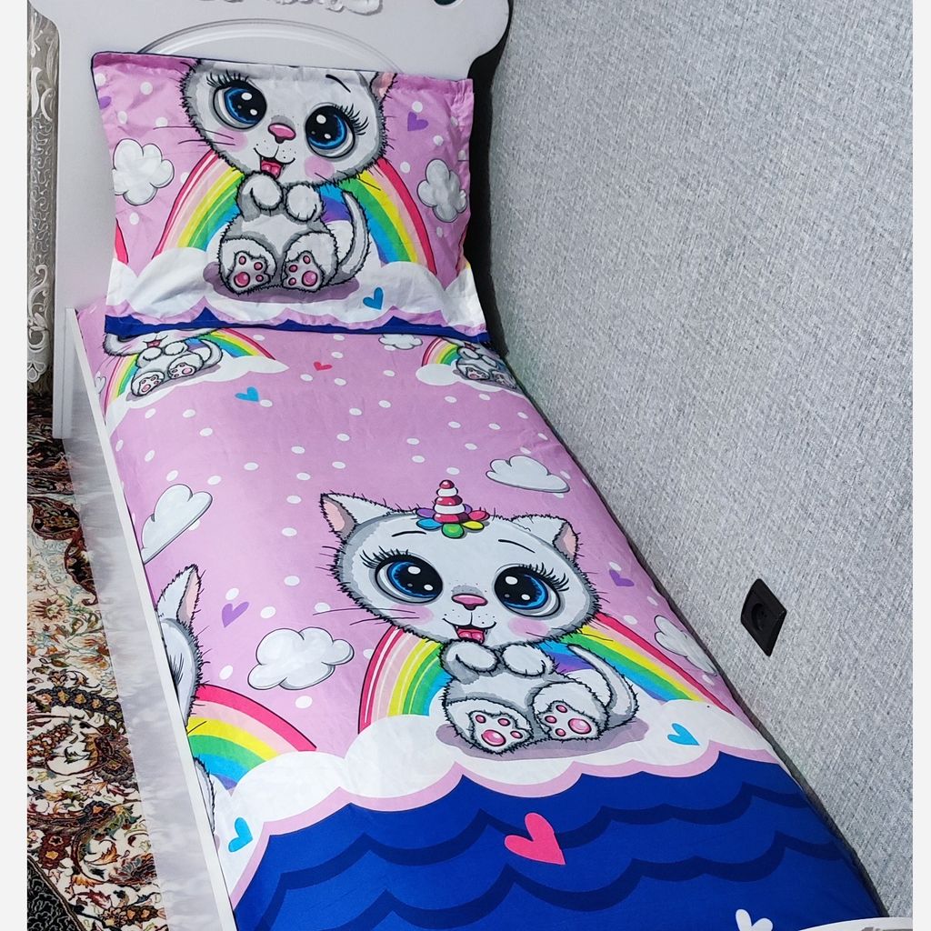 خرید انلاین ملحفه و روبالشی تخت یک نفره عروسکی فانتزی گربه شاخ دار روتختی دخترونه