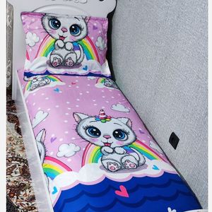 خرید انلاین ملحفه و روبالشی تخت یک نفره عروسکی فانتزی گربه شاخ دار روتختی دخترونه