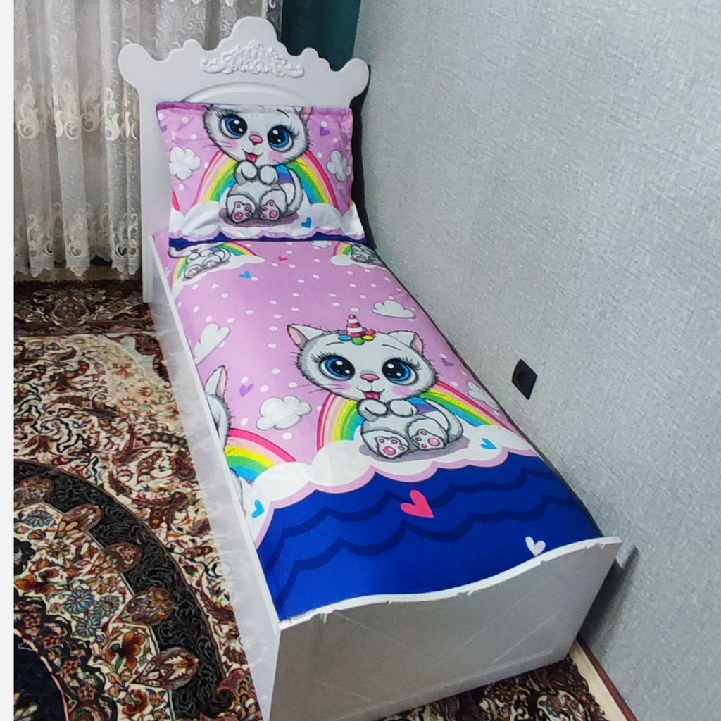 خرید اینترنتی ملحفه و روبالشی تخت یک نفره عروسکی فانتزی گربه شاخ دار روتختی دخترونه