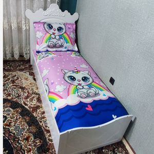 ملحفه و روبالشی تخت یک نفره عروسکی فانتزی گربه شاخ دار روتختی دخترونه