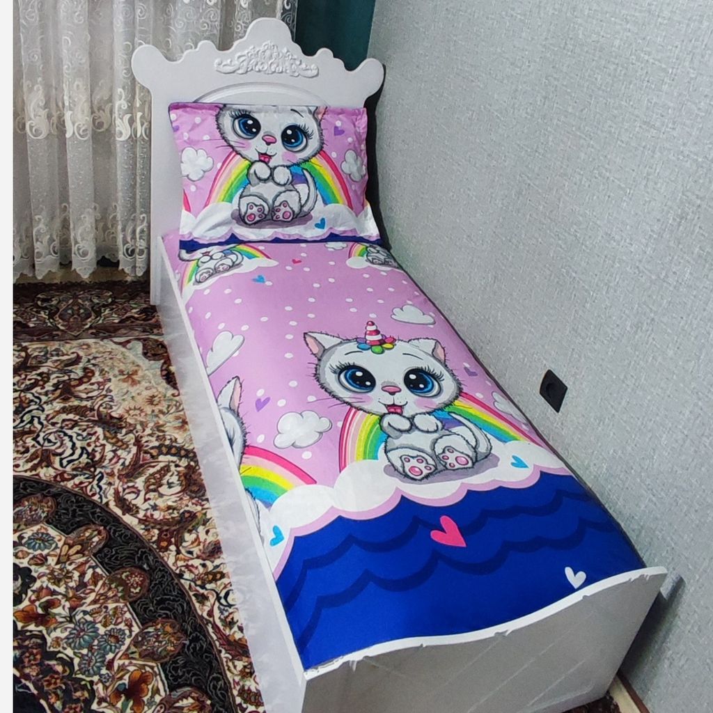 خرید اینترنتی ملحفه و روبالشی تخت یک نفره عروسکی فانتزی گربه شاخ دار روتختی دخترونه