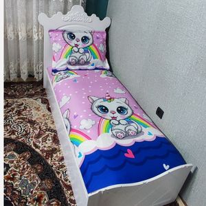 خرید اینترنتی ملحفه و روبالشی تخت یک نفره عروسکی فانتزی گربه شاخ دار روتختی دخترونه