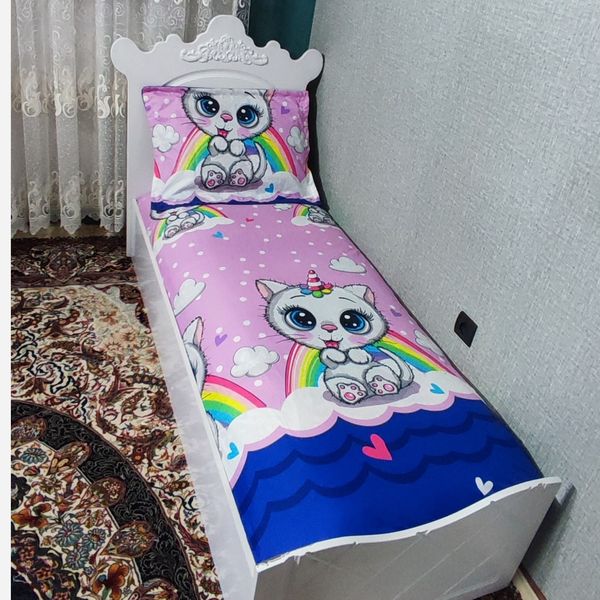 ملحفه و روبالشی تخت یک نفره عروسکی فانتزی گربه شاخ دار روتختی دخترونه