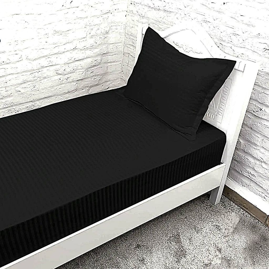 خرید انلاین ملحفه تشک تخت یکنفره هتلی مشکی راه راه