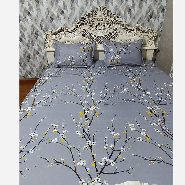 روتختی دورکش تخت دونفره طرح شکوفه طوسی روشن