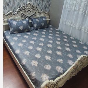 روتختی کشدار  تخت دونفره طرح گلدار زمینه طوسی