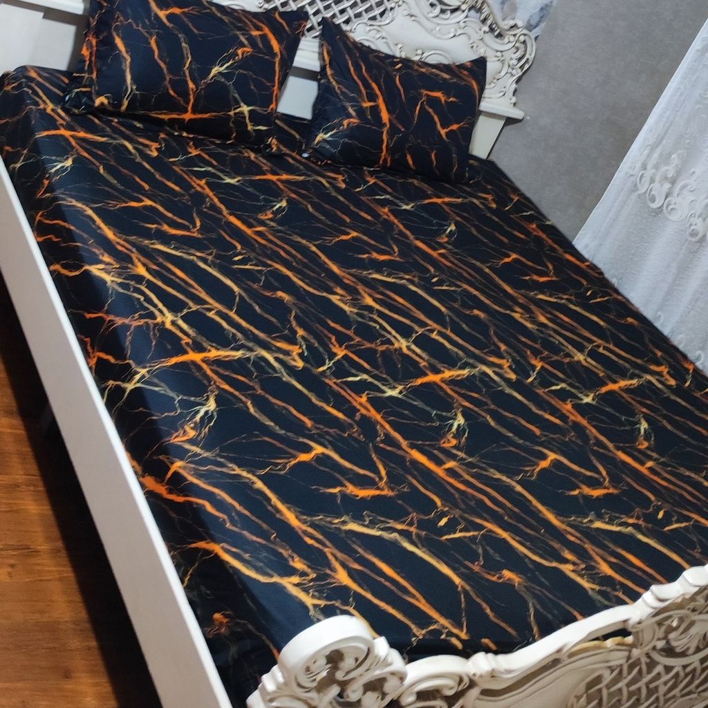 خرید اینترنتی روتختی ملحفه کشدار  و رو بالش سنگی  ماربل خط نارنجی دونفره