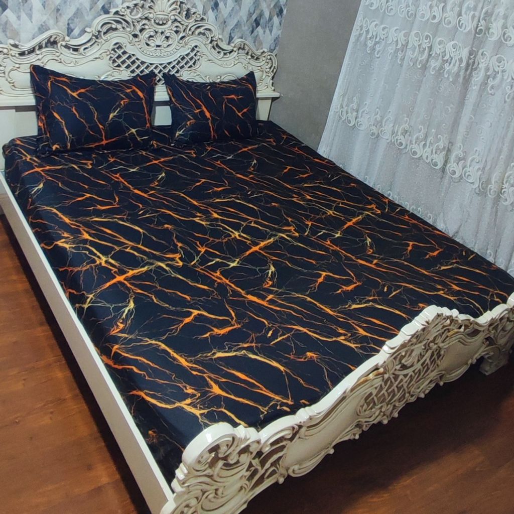 مشخصات روتختی ملحفه کشدار  و رو بالش سنگی  ماربل خط نارنجی دونفره