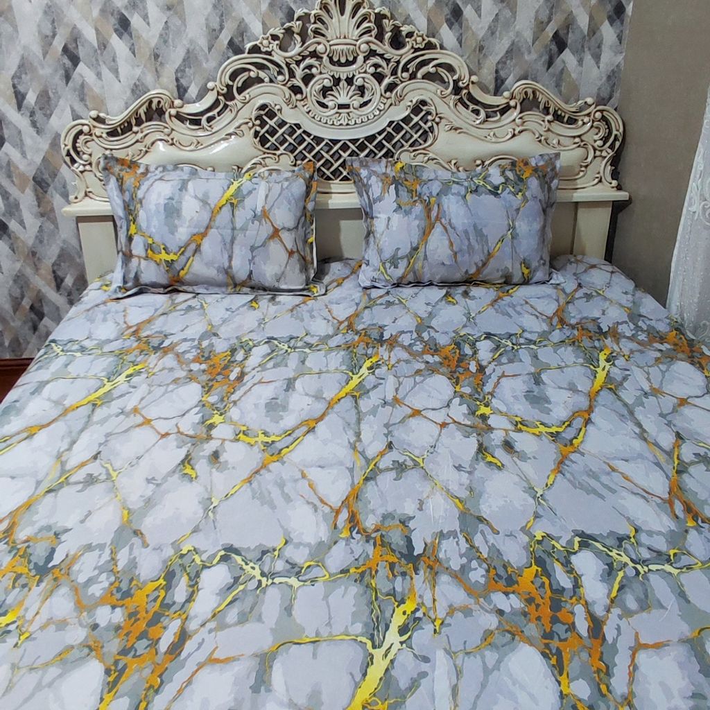 خرید آنلاین نیم ست روتختی کشدار دونفره طرح مرمر سفید طلایی