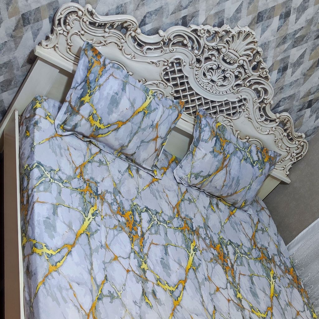 خرید آنلاین نیم ست روتختی کشدار دونفره طرح مرمر سفید طلایی