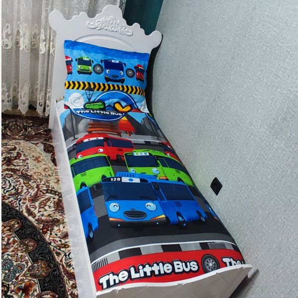 نیم ست روتختی دوتیکه ملحفه دورکش یک نفره طرح تایو اتوبوس کوچک