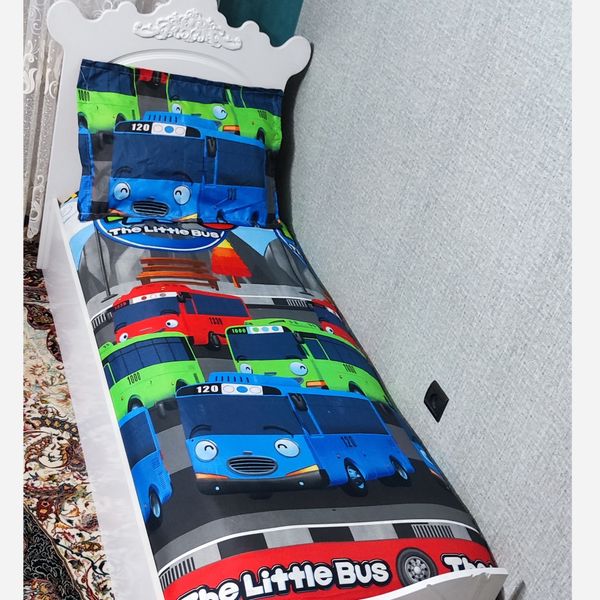 نیم ست روتختی دوتیکه ملحفه دورکش یک نفره طرح تایو اتوبوس کوچک